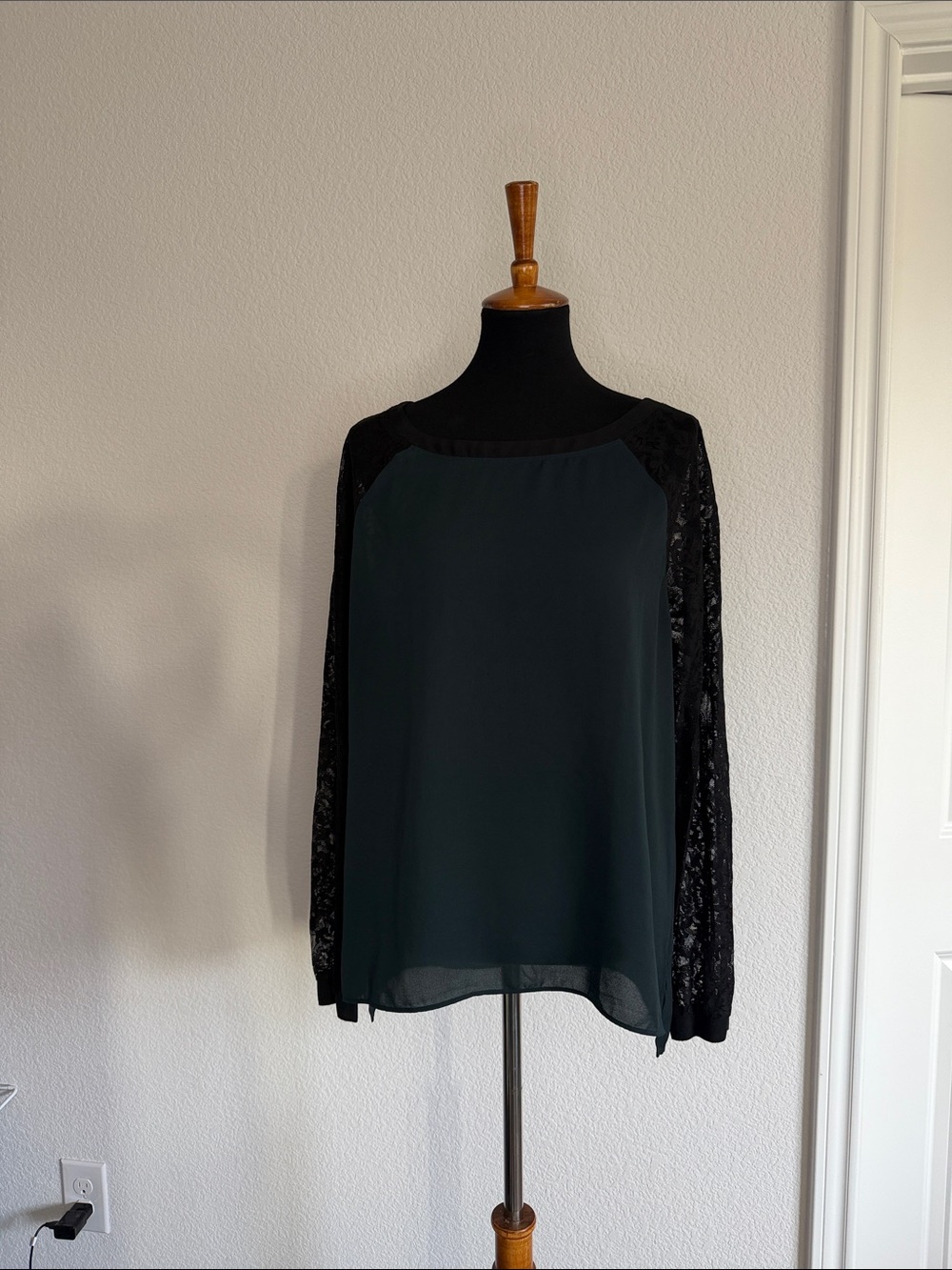 LOFT Black Lace Sleeve Dark Teal Blouse
